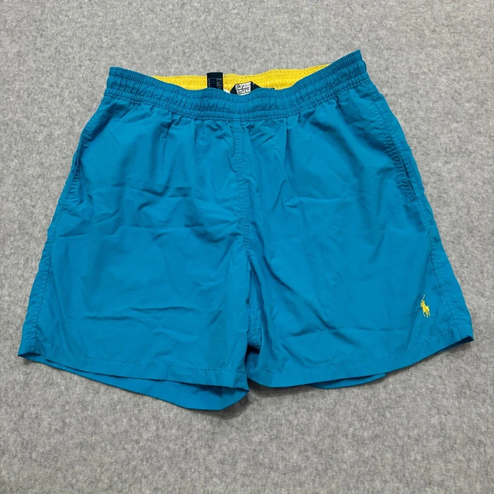 Polo Ralph Lauren Mens Swim Trunks‎ Turquoise Blue Yellow Pony Mesh Lined Large